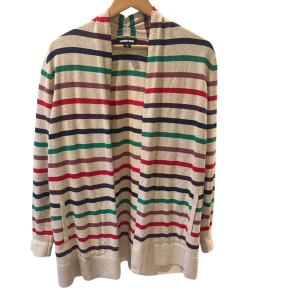 Lands End Cardigan Women M Beige Striped Rainbow Cozy‎ Open Tunic Cardigan - Picture 1 of 6